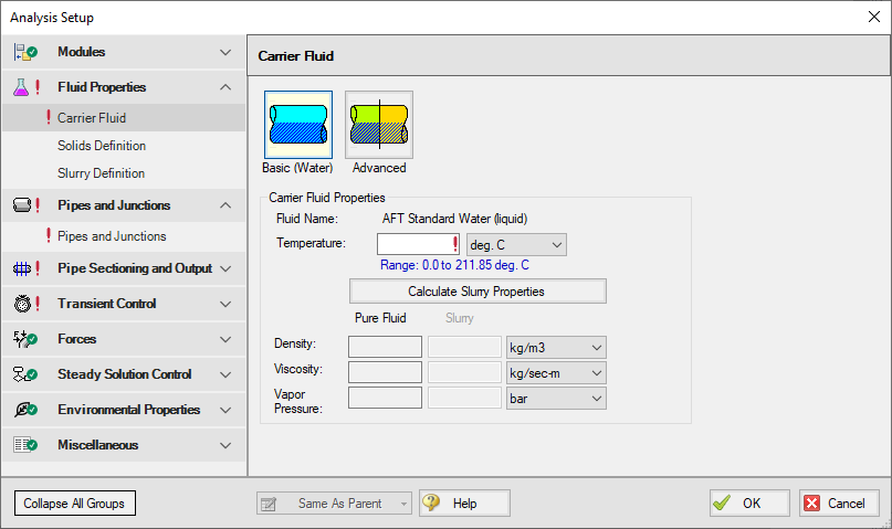 Carrier Fluid panel with the Water (Basic) option selected